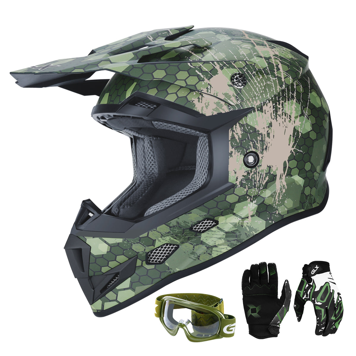 GLX GX623 Dot Kids Youth ATV Off Road Dirt Bike Motocross Motorcycle Full Face Helmet Combo Gloves Goggles for Boys Girls Camouflage X Large